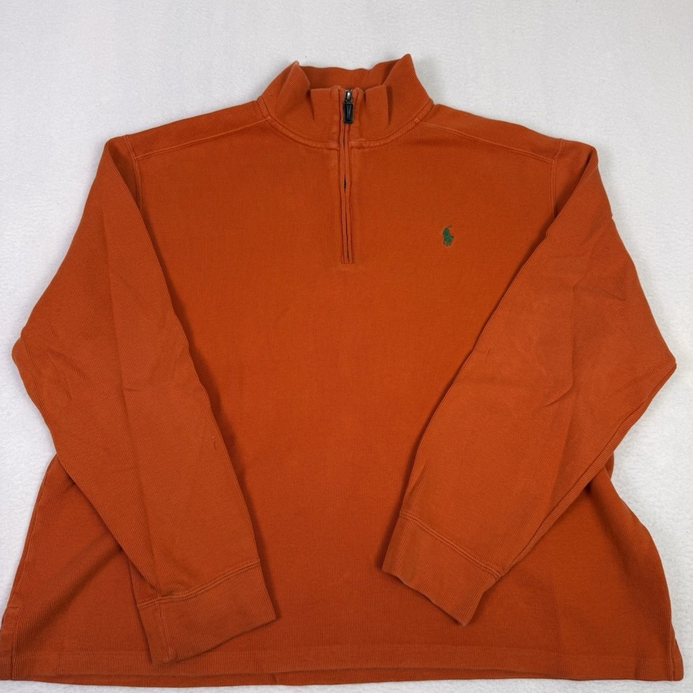 Polo Ralph Lauren Quarter‎ Zip Pullover Sweater Orange Ribbed Cotton Men's XL